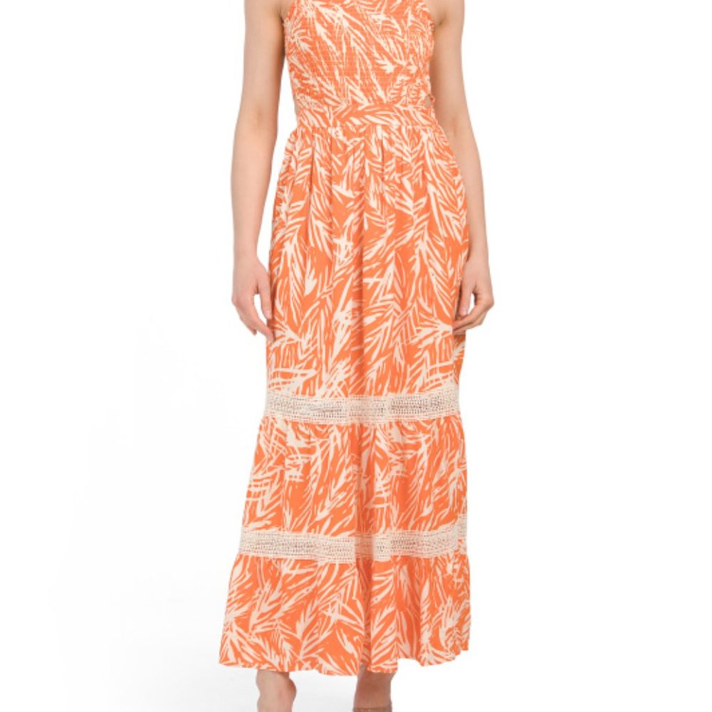 Orange Smocked Eyelet Trim Maxi Dress